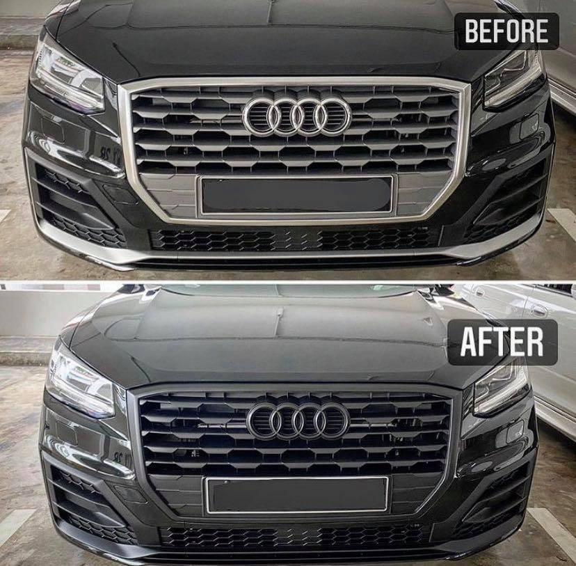 Audi Q2 front before and after de-chroming: silver grille surround, then gloss black