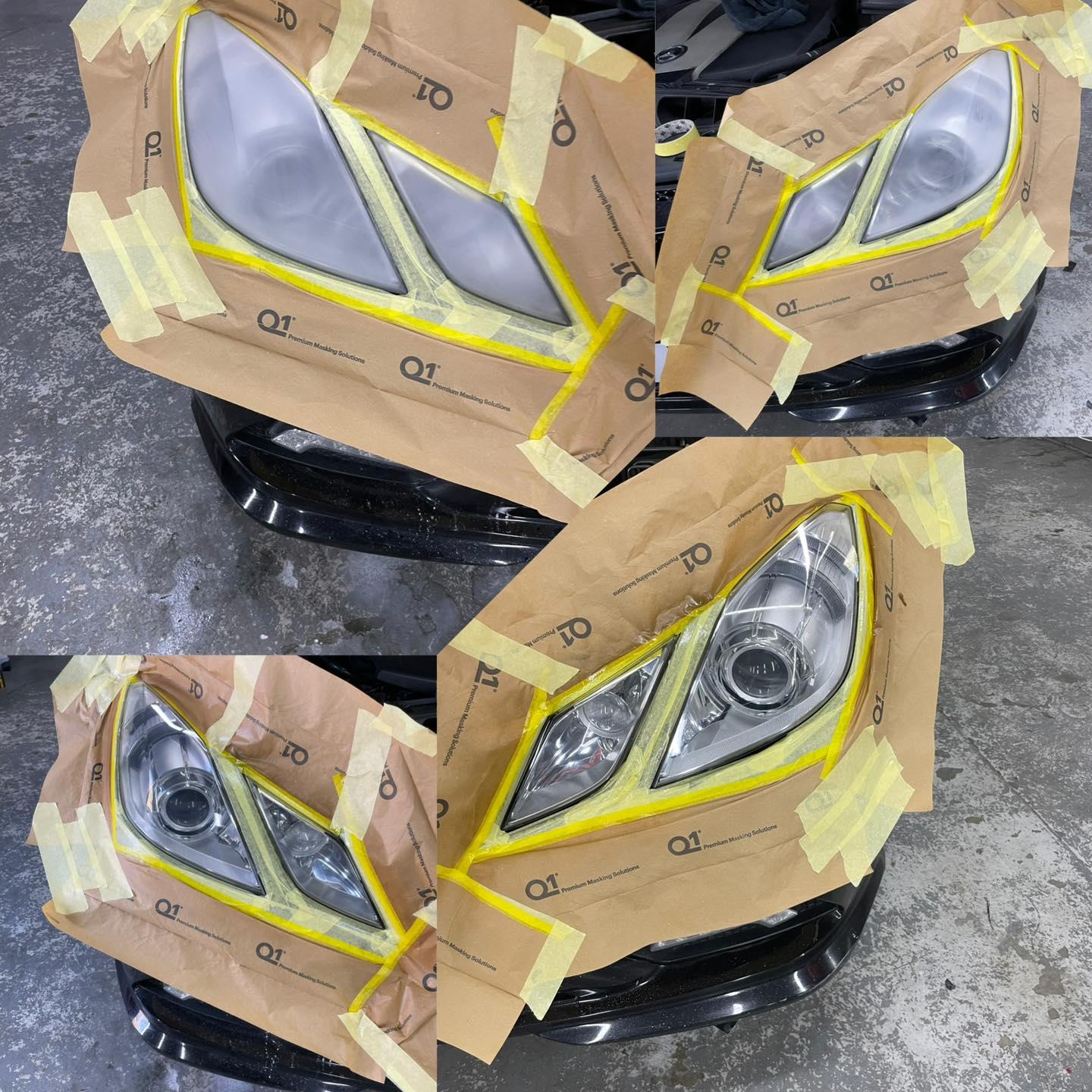 Headlights masked off with tape and paper ready for restoration