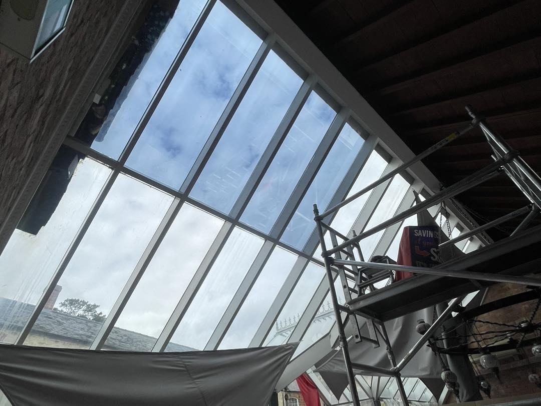 Glass roof panels inside a commercial building
